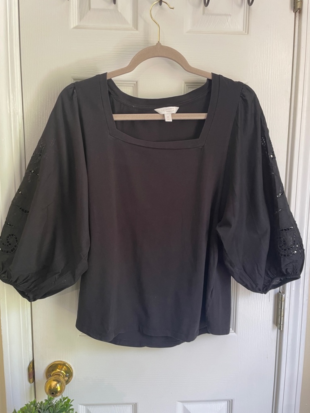 LC Lauren Conrad Black Boho Western Square-Neck Puff Sleeve Blouse